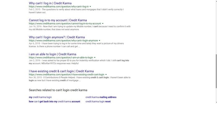 I can't login into my credit Karma account - Google results